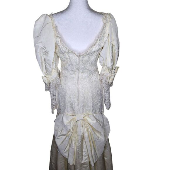 Vintage 80s Lace Wedding Dress Womens S White Bow Seed Pearls Mutton Sleeves Tru - Picture 10 of 13